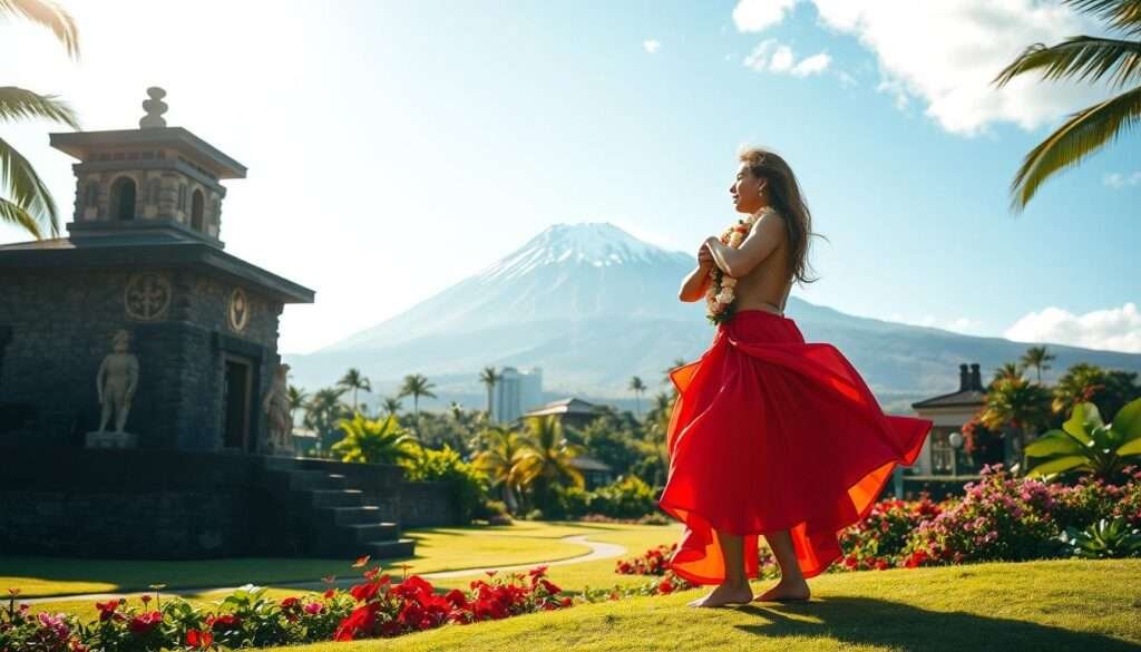 A serene landscape of traditional Hawaiian cultural sites, basking in the warm glow of the tropical sun. In the foreground, a majestic heiau (temple) stands tall, its intricate stonework casting deep shadows. Surrounding it, a lush garden of native flora, with vibrant flowers and meandering paths. In the middle ground, a graceful hula dancer performs, her flowing skirt and lei-adorned hair captured in a moment of elegant movement. Beyond, the mighty Mauna Loa volcano rises, its snow-capped peak piercing the azure sky. The scene is illuminated by soft, diffused light, creating a sense of timeless tranquility and cultural reverence.