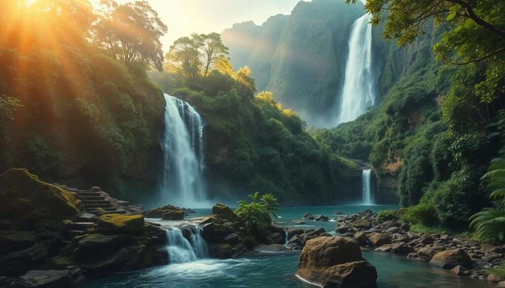 A serene, lush jungle setting with towering waterfalls cascading over mossy cliffs into crystal-clear pools. Soft, diffused sunlight filters through the verdant canopy, casting a warm, dreamlike glow over the scene. In the foreground, a picturesque waterfall tumbles down rugged rock formations, its rushing waters creating a soothing, calming ambiance. The middle ground features a series of smaller, hidden waterfalls tucked amidst the dense, tropical foliage. The background showcases a magnificent, towering waterfall plunging into a tranquil lagoon, surrounded by towering mountains draped in vibrant green hues. The overall atmosphere is one of enchantment, tranquility, and the awe-inspiring beauty of Kauai's natural wonders.