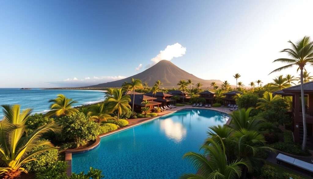 A serene, luxurious beachfront resort nestled along the sparkling black sand shores of the Big Island. The foreground features a picturesque infinity pool, its clear blue waters reflecting the vibrant tropical foliage and lush palm trees surrounding it. In the middle ground, a series of well-appointed bungalows and suites blend seamlessly with the natural landscape, their modern yet warm design accented by rich wooden textures. The background showcases the majestic silhouette of an active volcano, its plume of billowing smoke adding a sense of awe and wonder to the scene. Soft, diffused lighting imbues the entire composition with a tranquil, golden-hour ambiance, inviting the viewer to imagine themselves relaxing in this idyllic Hawaiian paradise.