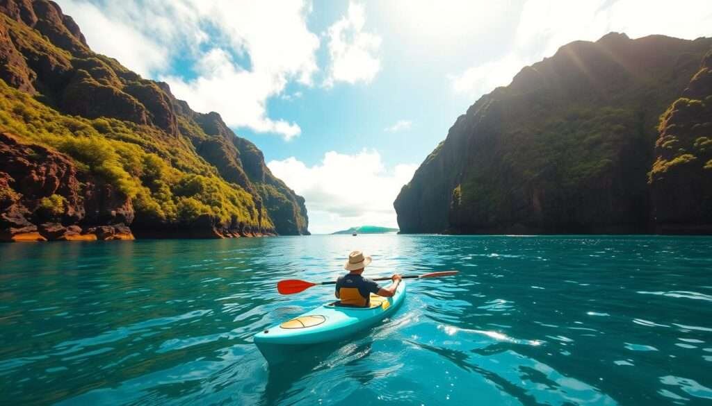 A serene, sun-dappled cove in Hawaii, where a vibrant turquoise kayak glides effortlessly across the calm, crystal-clear waters. The kayaker, clad in a rash guard and sun hat, paddles with graceful strokes, surrounded by lush, verdant cliffs that rise up on either side, their jagged peaks piercing the azure sky. In the distance, a gentle swell rolls in, hinting at the endless Pacific beyond. Warm, golden light filters through wispy clouds, casting a soft, dreamlike glow over the entire scene, inviting the viewer to immerse themselves in the tranquil, island paradise.