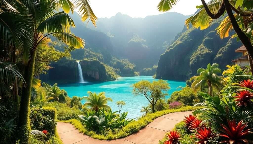 A serene tropical landscape unfolds, capturing the essence of Kauai's alluring travel experience. In the foreground, a winding path leads through a lush, verdant jungle, dotted with vibrant flora and cascading waterfalls. Sunlight filters through the canopy, casting a warm, golden glow and creating a sense of tranquility. In the middle ground, a turquoise lagoon reflects the surrounding natural beauty, inviting visitors to bask in the island's pristine splendor. The background features rugged, verdant cliffs that rise majestically, framing the scene with a sense of grandeur. The overall atmosphere evokes a feeling of rejuvenation and a desire to explore the hidden wonders of this idyllic Hawaiian destination.