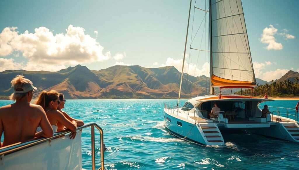 A serene tropical seascape unfolds, with a sleek catamaran yacht gliding across azure waters. The sun-dappled vessel's vibrant sails billow in the gentle breeze, inviting passengers to embark on a captivating sailing adventure. In the foreground, a group of sun-kissed individuals lean against the boat's railings, gazing out at the horizon, their expressions reflecting a sense of tranquility and wonder. The middle ground features the lush, verdant coastline of a Hawaiian island, its rolling hills and swaying palm trees creating a picturesque backdrop. The scene is illuminated by warm, golden sunlight, casting a soft, ethereal glow over the entire composition. The overall mood is one of relaxation, adventure, and the pure joy of exploring the stunning natural beauty of the Hawaiian islands.