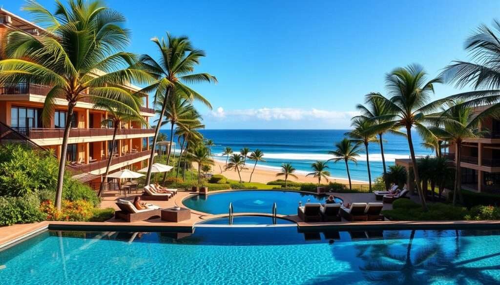 A sprawling luxury resort nestled amidst the lush tropical landscape of Maui, Hawaii. In the foreground, a stunning infinity pool with crystal clear waters reflecting the azure sky. Swaying palm trees line the perimeter, creating a serene and tranquil ambiance. Guests lounge on plush sunbeds, sipping tropical cocktails and gazing out at the breathtaking views of the Pacific Ocean. The resort's elegant architecture blends seamlessly with the natural surroundings, featuring warm tones, natural materials, and floor-to-ceiling windows that flood the interiors with natural light. In the distance, a picturesque beach with soft, golden sand and rolling waves. The overall scene exudes an atmosphere of refined elegance, exclusivity, and pure relaxation.