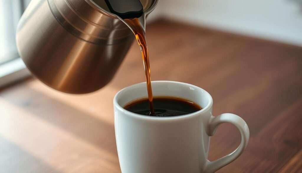 A steaming cup of coffee being poured from a thermal carafe A steaming cup of coffee being poured from a thermal carafe