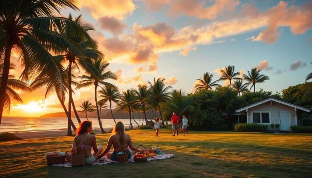 A stunning Hawaiian landscape with a serene beach, swaying palm trees, and a vibrant sunset sky. In the foreground, a group of travelers enjoying a picnic, with baskets of local fruits and snacks. In the middle ground, a family exploring a lush tropical garden, taking advantage of free public parks. In the background, a small beach bungalow rental, showcasing an affordable accommodation option. Warm, golden lighting casts a dreamlike glow, capturing the idyllic and budget-friendly essence of a Hawaiian vacation.