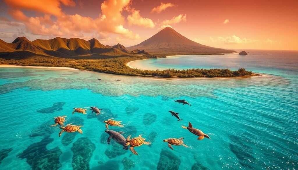 A stunning aerial view of a tropical paradise, showcasing the vibrant hues of an idyllic wildlife encounter tour. In the foreground, a group of snorkelers explore a pristine coral reef, surrounded by a vibrant array of marine life, including sea turtles and playful dolphins. The middle ground features a scenic coastline, with lush, verdant hills and a tranquil turquoise lagoon. In the distance, a majestic volcano rises, its slopes blanketed in lush vegetation. The scene is bathed in warm, golden sunlight, creating a sense of natural harmony and wonder. The overall composition evokes a feeling of adventure, discovery, and a deep connection with the natural world.