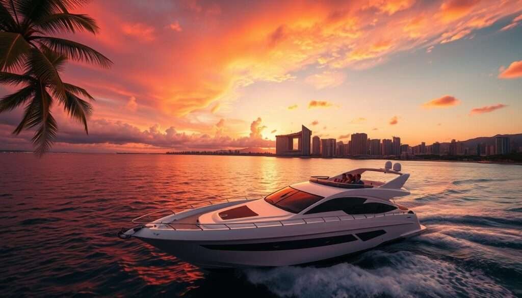 A stunning sunset cruise over the glistening waters of Waikiki, with a vibrant orange and pink sky reflecting off the gentle waves. In the foreground, a sleek, modern yacht glides effortlessly, its passengers gazing in awe at the breathtaking scenery. The middle ground features the iconic silhouettes of Diamond Head and the Honolulu skyline, framed by swaying palm trees. The background is bathed in a warm, golden glow, creating a sense of tranquility and magic. The scene is captured through a wide-angle lens, showcasing the vast, expansive beauty of Waikiki's coastline at dusk.