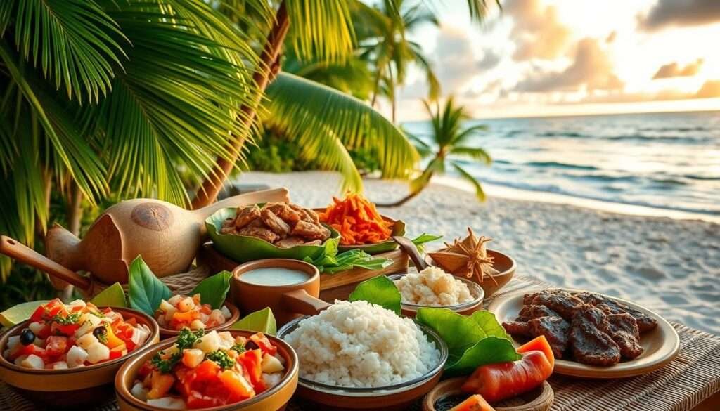 A sumptuous display of traditional Hawaiian luau dishes set against a lush, tropical backdrop. In the foreground, a vibrant array of vibrant poke bowls, succulent kalua pork, and fragrant poi. In the middle ground, taro leaves, coconut fronds, and a woven pandanus mat set the stage. The background features a scenic view of a pristine Hawaiian beach, with swaying palm trees and a warm, golden sunset lighting the scene. The overall atmosphere is one of authentic island hospitality, inviting the viewer to experience the rich culinary and cultural traditions of Hawai'i.
