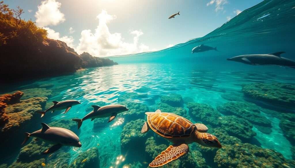 A sun-dappled cove in Hawaii, teeming with marine life. In the foreground, a pod of playful spinner dolphins glide through the crystal-clear turquoise waters, their sleek bodies breaking the surface in graceful arcs. Nearby, a majestic green sea turtle drifts languidly, its carapace glistening as it surfaces to breathe. In the middle ground, a school of tropical fish dart among the vibrant coral formations, while in the distance, a humpback whale breaches, its massive form silhouetted against the horizon. Warm, golden light filters through wispy clouds, creating a serene, enchanting atmosphere. Captured with a wide-angle lens to showcase the lush, diverse ecosystem in all its glory.