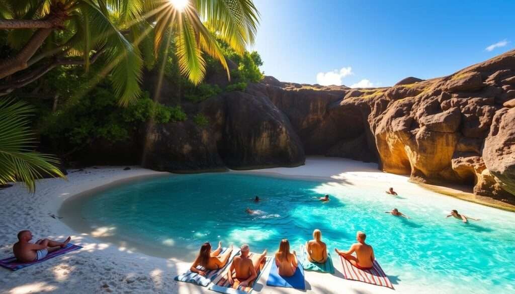 A sun-dappled cove, sheltered by lush green cliffs and swaying palms. Crystal-clear turquoise waters caress a white sand beach, dotted with sun-kissed beachgoers enjoying the clothing-optional bliss of Pā'ia Secret Beach. Warm, golden light filters through the canopy, casting a serene, natural glow over the secluded haven. In the foreground, a group of friends lounge on colorful towels, immersed in the tranquil scene. The middle ground reveals a few adventurous souls swimming and snorkeling, while the background showcases the dramatic coastline and the boundless blue of the Pacific horizon.