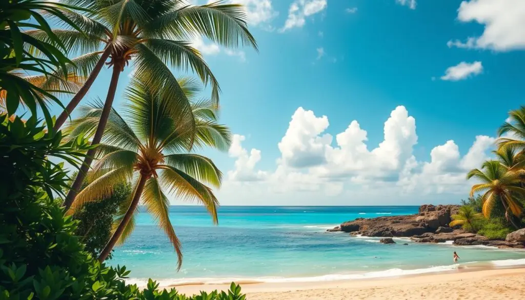 A sun-drenched Hawaiian paradise, the perfect backdrop for budget-conscious travelers. Lush tropical foliage frames the scene, with swaying palm trees casting gentle shadows. In the foreground, a picturesque beach with soft golden sands and crystal-clear turquoise waters, inviting visitors to bask in the warm embrace of the Pacific. The sky is a stunning azure, dotted with fluffy white clouds that cast a tranquil glow over the entire landscape. The lighting is natural and diffused, creating a serene and calming atmosphere. This idyllic setting captures the essence of the best times to visit Hawaii, when the weather is mild, the crowds are smaller, and the budget-friendly opportunities abound.