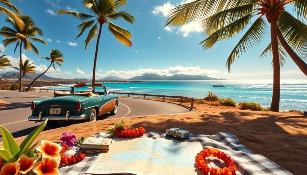 A sun-drenched beach in Hawaii, with a vintage convertible parked along the winding coastal road. In the foreground, a map and travel planning materials are spread out on a blanket, surrounded by Hawaiian flora and leis. The middle ground features a picturesque view of the turquoise ocean and distant volcanic peaks, bathed in warm, golden hour lighting. The background showcases palm trees swaying gently in a light breeze, creating a serene, idyllic atmosphere for planning an epic road trip through the island paradise.