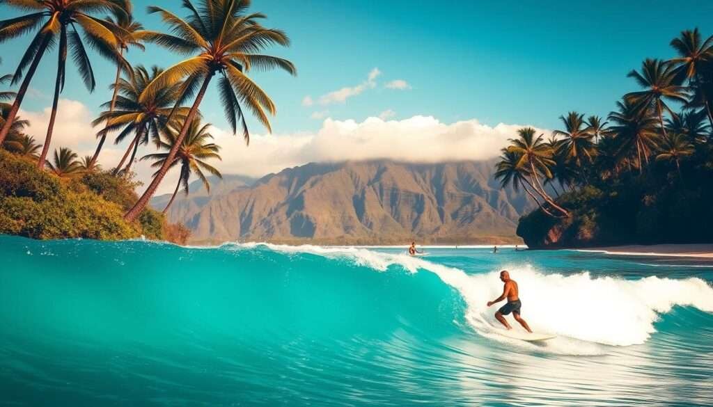 A sun-drenched beach in Hawaii, with towering palm trees lining the shore. In the foreground, a surfer rides a perfect, glassy wave, their board carving graceful turns as they glide effortlessly through the turquoise waters. In the middle ground, other surfers of varying skill levels paddle out, eagerly anticipating their turn to catch the next set. The background features lush, verdant mountains rising in the distance, their peaks shrouded in wispy clouds. The lighting is warm and golden, casting a soft, dreamy glow over the entire scene. The atmosphere is one of tranquility, adventure, and the pure joy of riding the waves in this tropical paradise.
