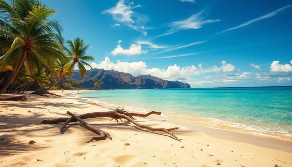 A sun-drenched, idyllic Hawaiian beach scene. In the foreground, pristine golden sands stretch out, dotted with driftwood and seashells. Lush, verdant palm trees sway gently in the warm breeze, casting playful shadows on the ground. In the middle ground, the crystal-clear turquoise waters of the Pacific Ocean gently lap at the shore, inviting beachgoers to swim and snorkel. In the distance, rugged, volcanic cliffs rise up, creating a dramatic backdrop to the serene, picturesque setting. Warm, soft lighting filters through wispy clouds, illuminating the scene with a natural, ethereal glow. Capture the tranquil, tropical essence of Mahai'ula Beach, part of the stunning Kekaha Kai State Park in Hawaii.