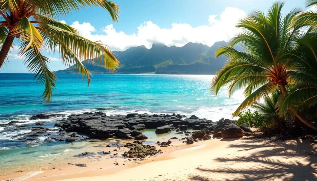 A sun-kissed beach on the Big Island of Hawaii, where the turquoise waters of the Pacific Ocean gently caress the soft, golden sand. In the foreground, lush palm trees sway in the gentle breeze, casting playful shadows across the tranquil scene. The middle ground is dominated by a picturesque cove, its rocky outcroppings and hidden tide pools beckoning exploration. In the distance, the majestic mountains of the island rise up, their verdant slopes a stunning backdrop to this secluded paradise. The lighting is warm and inviting, with the sun's rays filtering through wispy clouds, creating a serene and captivating atmosphere. The composition is balanced and harmonious, inviting the viewer to step into this idyllic Hawaiian oasis.