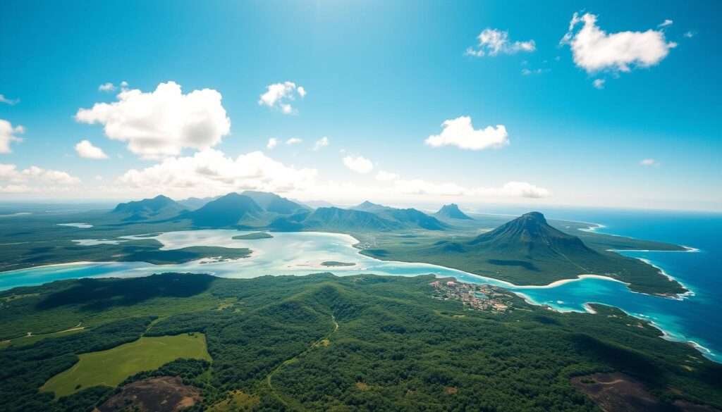 A sweeping aerial view of the Hawaiian islands, captured through the lens of a high-resolution camera. The lush, verdant landscapes of Oahu, Maui, Kauai, and the Big Island stretch out beneath a brilliant azure sky, dotted with fluffy white clouds. The islands' iconic volcanic peaks rise majestically from the warm, turquoise waters of the Pacific Ocean, creating a breathtaking, picture-perfect scene. The image conveys a sense of tranquility and adventure, inviting the viewer to imagine the wonders that await on these enchanting tropical paradises.