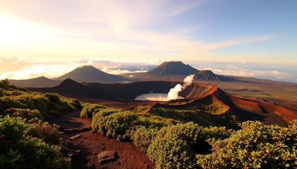 A sweeping vista of Hawaii's Volcanoes National Park, showcasing the majestic Kilauea and Mauna Loa volcanoes. In the foreground, a rugged, winding hiking trail leads through a lush, verdant landscape dotted with vibrant, tropical foliage. The middle ground features a dramatic, steaming caldera, its edges lined with jagged, basaltic rock formations. In the distance, the silhouettes of the towering volcanic peaks rise against a breathtaking, golden-hued sky, bathed in warm, directional lighting that casts dramatic shadows across the scene. The overall mood is one of awe-inspiring, untamed natural beauty, inviting the viewer to embark on an unforgettable adventure through Hawaii's volcanic wonders.