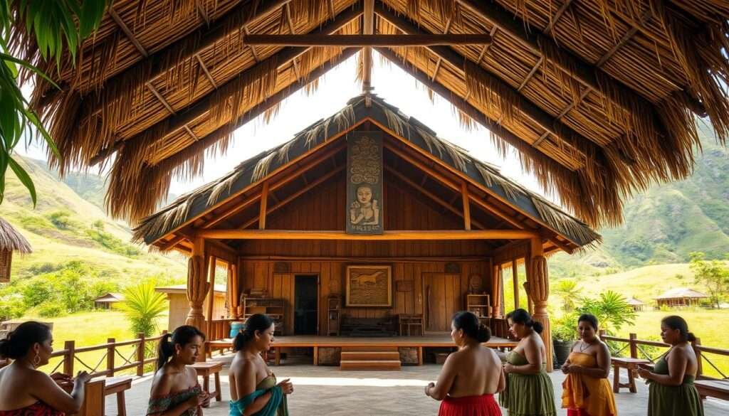 A traditional Hawaiian cultural center nestled amidst lush, rolling hills on the island of Molokai. The building's thatched roof and wooden structure blend seamlessly with the surrounding natural landscape, creating a sense of timeless connection to the island's indigenous heritage. Sunlight filters through the open-air pavilion, illuminating the intricate carvings and weavings that adorn the interior. In the foreground, a group of local artisans demonstrate their time-honored crafts, their faces alight with pride and determination to preserve their cultural traditions. The overall atmosphere exudes a profound sense of tranquility and reverence for the island's profound history.