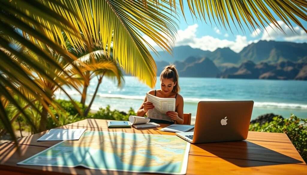 A tranquil Hawaiian paradise unfolds, with a vibrant tropical landscape serving as the backdrop for an itinerary planning session. In the foreground, a wooden table is adorned with a colorful map, a laptop, and scattered travel documents, casting soft, natural light across the scene. Lush palm fronds sway gently in the warm breeze, hinting at the island adventures to come. The middle ground features a pair of adventurous travelers, poring over their itinerary, their expressions filled with excitement and anticipation. In the distance, the gentle lapping of waves and the silhouettes of majestic volcanic peaks create a serene, yet energizing atmosphere, perfectly capturing the essence of planning the ultimate Hawaiian getaway.
