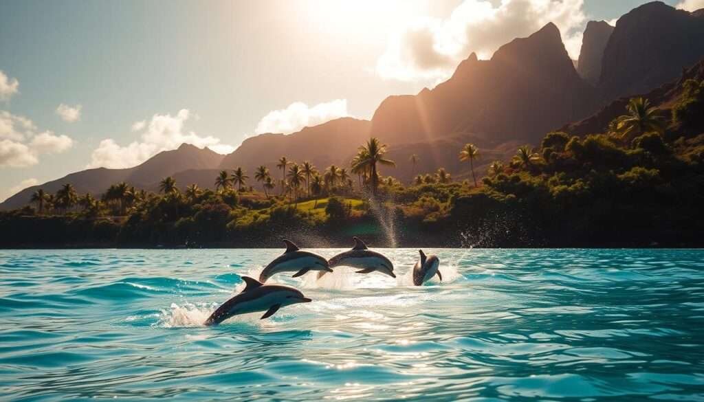 A tranquil cove in Hawaii, the sun's golden rays filtering through the turquoise waters. In the foreground, a pod of spinner dolphins gracefully pirouette, their sleek bodies twisting and turning in a mesmerizing dance. Captured mid-leap, their powerful fins propel them skyward, droplets of water suspended in the air. The middle ground reveals a lush, verdant coastline, palm trees swaying gently in the tropical breeze. In the distance, towering volcanic peaks rise majestically, their rugged silhouettes silhouetted against a pastel sky. An atmosphere of serenity and wonder pervades the scene, inviting the viewer to immerse themselves in this enchanting underwater realm.