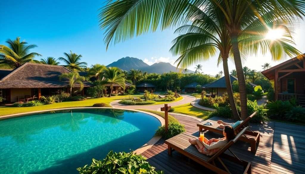 A tranquil eco-resort nestled amidst lush tropical foliage, with thatched-roof bungalows and open-air pavilions that seamlessly blend with the natural surroundings. Sunlight filters through swaying palm fronds, casting a warm, golden glow across the scene. In the foreground, a serene freshwater pool reflects the vibrant greenery and clear blue sky above. Guests lounge on wooden deck chairs, sipping local fruit juices and taking in the serene, wellness-focused ambiance. The middle ground features pathways winding through the verdant landscape, past organic gardens and composting stations that highlight the resort's commitment to sustainability. In the background, dramatic volcanic peaks rise, creating a picturesque Hawaiian backdrop for this eco-conscious accommodation.