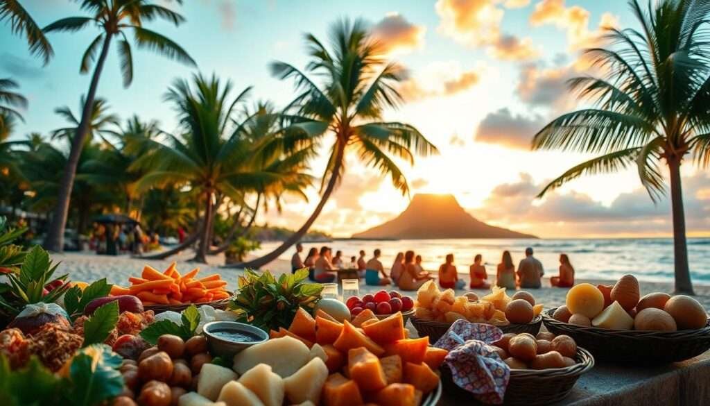 A tropical beach scene in Hawaii, with an array of local delicacies displayed in the foreground. In the middle ground, a group of people enjoying a traditional Hawaiian luau, surrounded by lush palm trees and vibrant flora. The background features the iconic silhouette of Diamond Head crater, bathed in the warm glow of a sunset. The lighting is soft and diffused, creating a serene and inviting atmosphere. The overall composition captures the essence of Hawaii's unique culinary landscape and the spirit of shared experiences and cultural traditions.