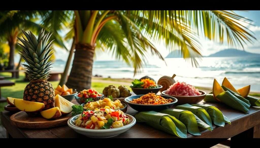 A tropical outdoor scene featuring a wooden picnic table adorned with traditional Hawaiian dishes - juicy pineapple wedges, colorful tropical salads, and fragrant Laulau wrapped in taro leaves. Sunlight filters through swaying palm fronds, casting a warm glow over the table. In the background, a scenic ocean vista with gently lapping waves and a distant volcanic mountain range. The mood is relaxed and inviting, evoking the laid-back essence of Hawaiian cuisine and culture. A 50mm lens captures the scene from a slightly elevated angle, highlighting the vibrant colors and textures of the local fare.