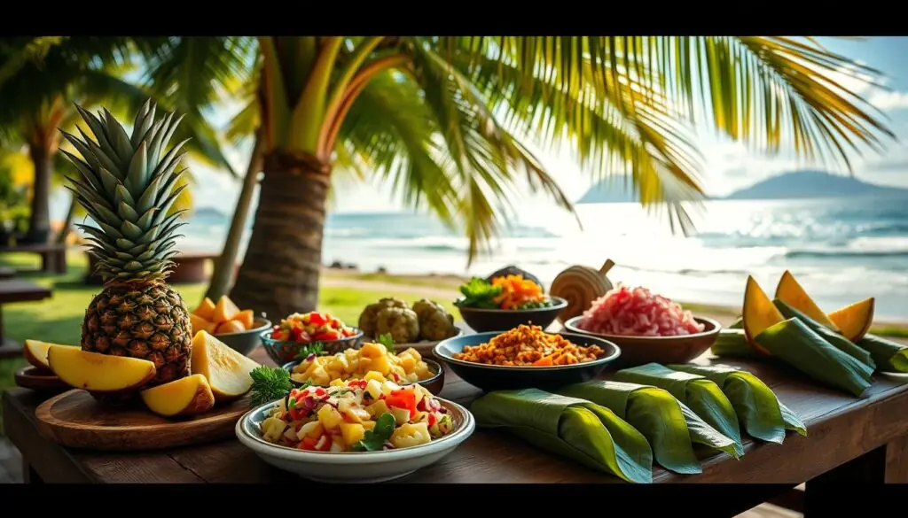 A tropical outdoor scene featuring a wooden picnic table adorned with traditional Hawaiian dishes - juicy pineapple wedges, colorful tropical salads, and fragrant Laulau wrapped in taro leaves. Sunlight filters through swaying palm fronds, casting a warm glow over the table. In the background, a scenic ocean vista with gently lapping waves and a distant volcanic mountain range. The mood is relaxed and inviting, evoking the laid-back essence of Hawaiian cuisine and culture. A 50mm lens captures the scene from a slightly elevated angle, highlighting the vibrant colors and textures of the local fare.