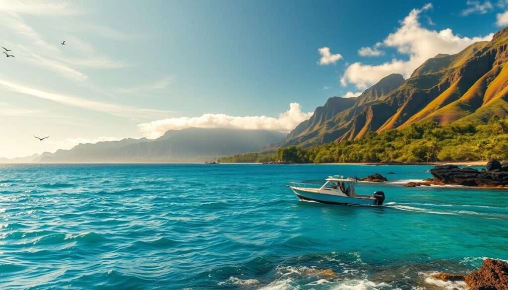 A vast azure ocean stretches out, its waves gently lapping against the rocky shore of a lush, verdant Hawaiian coastline. In the foreground, a sturdy fishing boat bobs on the crystalline waters, its crew expertly casting lines into the depths. Towering volcanic peaks rise in the distance, their slopes blanketed in vibrant tropical foliage. Warm, golden sunlight filters through wispy clouds, casting a serene glow over the scene. The air is filled with the salty tang of the sea and the cries of seabirds soaring overhead. This is a picture of tranquil adventure, where the thrill of the catch meets the beauty of Hawaii's natural splendor.