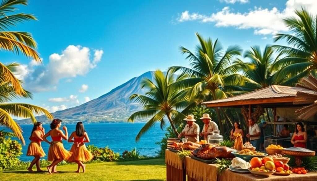 A vibrant Hawaiian landscape with lush tropical foliage and a clear blue sky. In the foreground, a group of native Hawaiians performing traditional hula dance, their flowing grass skirts and intricate hand movements capturing the graceful essence of the Islands' cultural heritage. In the middle ground, a traditional Hawaiian luau unfolds, with locals preparing a feast of roasted pork, fresh seafood, and colorful tropical fruits. In the background, the silhouette of a majestic volcano rises, adding a sense of mystique and natural wonder to the scene. Warm, golden lighting illuminates the festivities, creating a captivating and immersive atmosphere that celebrates the heart of Hawaiian culture.