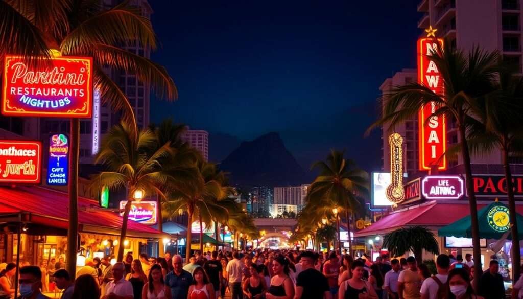 A vibrant Waikiki nightscape illuminated by neon signs and twinkling lights. In the foreground, bustling crowds stroll along palm-lined streets, drawn to the energy of lively bars, restaurants, and nightclubs. In the middle ground, the iconic Diamond Head silhouette rises against a deep indigo sky, while the glittering Pacific Ocean stretches out in the distance. Captured through a wide-angle lens, the scene evokes a lively, cosmopolitan atmosphere with a touch of tropical charm. Warm, ambient lighting casts a soft glow, creating an inviting and alluring atmosphere perfect for a night out in Waikiki.