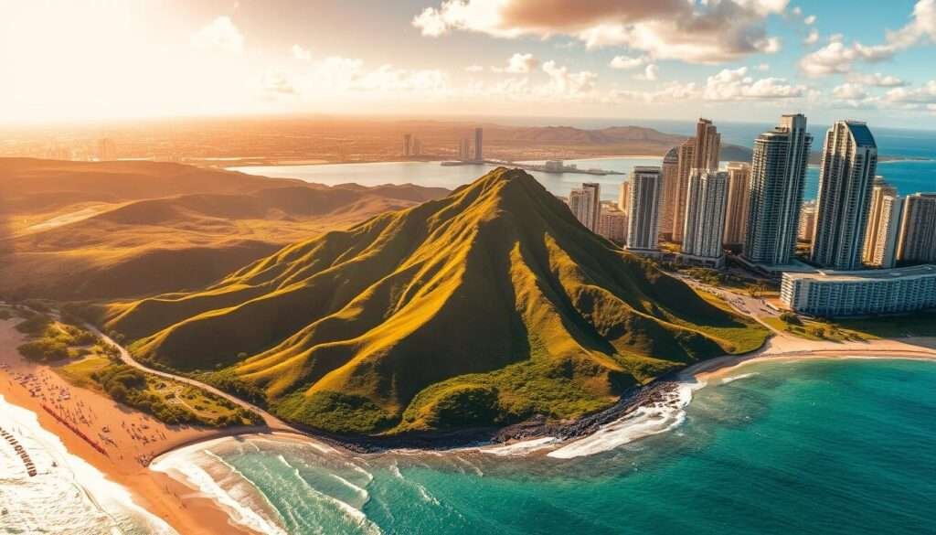 A vibrant aerial view of Oahu's iconic attractions, bathed in warm, golden sunlight. In the foreground, the crystal-clear waters of Waikiki Beach, with sunbathers and surfers enjoying the gentle waves. In the middle ground, the lush, verdant slopes of Diamond Head crater rise majestically, their slopes dotted with hiking trails and lookout points. In the background, the towering skyscrapers of downtown Honolulu stand tall, their glass facades reflecting the azure sky. The scene conveys the energy, beauty, and diversity that make Oahu the heart of the Hawaiian islands.