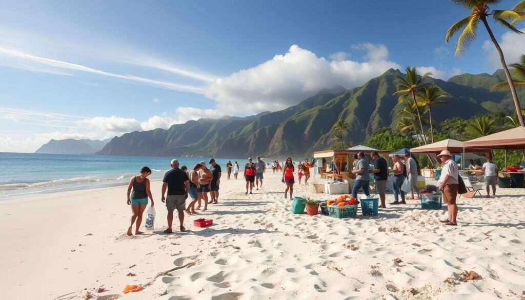 A vibrant beachfront scene in Hawaii, with locals engaged in conservation efforts and community activities. In the foreground, a group of people work together to clean up a stretch of pristine white sand, picking up litter and sorting recyclables. In the middle ground, a small open-air market showcases locally-sourced produce, crafts, and artisanal goods, supported by the community. In the background, lush, verdant mountains rise up, capped by wispy clouds and bathed in warm, golden sunlight. The atmosphere exudes a sense of harmony, sustainability, and a deep connection between the people and their natural surroundings.