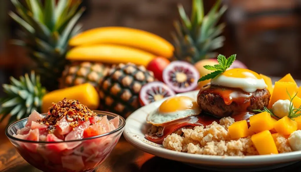 A vibrant display of modern Hawaiian cuisine, featuring a visually striking arrangement of locally-sourced ingredients. In the foreground, a delicate poke bowl overflows with fresh ahi tuna, vibrant purple sweet potatoes, and crunchy furikake. Nearby, a sizzling plate of loco moco showcases a tender beef patty smothered in a rich gravy, accompanied by a perfectly cooked sunny-side-up egg. In the middle ground, a colorful array of tropical fruits, including juicy pineapple, ripe mango, and fragrant passionfruit, arrange themselves in an inviting composition. The background is filled with a warm, hazy glow, creating a sense of laid-back island ambiance. The lighting is soft and diffused, highlighting the natural beauty of the ingredients and evoking the relaxed vibe of modern Hawaiian dining.