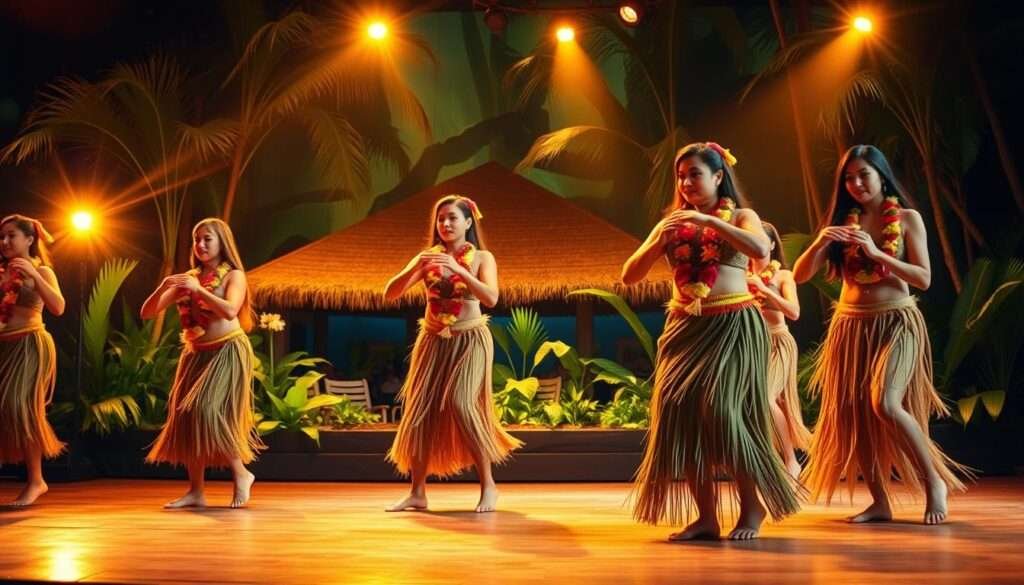 A vibrant hula performance unfolds on a lush, verdant stage. In the foreground, graceful hula dancers sway with mesmerizing fluidity, their leis and grass skirts accentuating the rhythm of their movements. The middle ground reveals a traditional Hawaiian backdrop, with thatched-roof structures and tropical foliage setting the scene. Warm, golden lighting casts a soft, ethereal glow, immersing the viewer in the serene atmosphere of a captivating Hawaiian cultural experience. The composition captures the essence of Waikiki's renowned hula shows, inviting the audience to be transported to the heart of Hawaiian heritage.