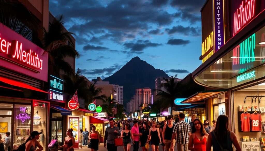 A vibrant, neon-lit street in Waikiki, filled with bustling boutiques, trendy shops, and lively crowds browsing the latest fashion and local crafts. The sidewalks are alive with the energy of nightlife, the storefronts illuminated by a kaleidoscope of colorful lights that cast a warm glow over the scene. In the distance, the iconic silhouette of Diamond Head looms, a majestic backdrop to this urban shopping oasis. The camera captures the dynamic movement, the interplay of shadows and highlights, and the alluring allure of Waikiki's after-dark retail therapy.