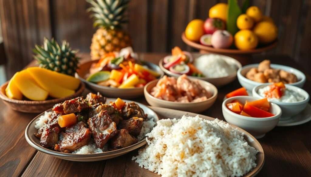 A vibrant still life showcasing an array of traditional Hawaiian dishes, presented on a rustic wooden table. In the foreground, a mouthwatering plate of tender, slow-cooked kalua pork, accompanied by fragrant white rice and a side of lomi-lomi salmon. In the middle ground, a colorful and aromatic display of poke, a fresh raw fish salad, alongside poi, a traditional Hawaiian staple made from taro root. In the background, a platter of tropical fruits like pineapple, mango, and lilikoi (passion fruit), complementing the feast. Warm, natural lighting casts a golden glow over the scene, evoking the sun-drenched ambiance of the Hawaiian islands. The composition is balanced and inviting, capturing the essence of authentic Hawaiian cuisine.