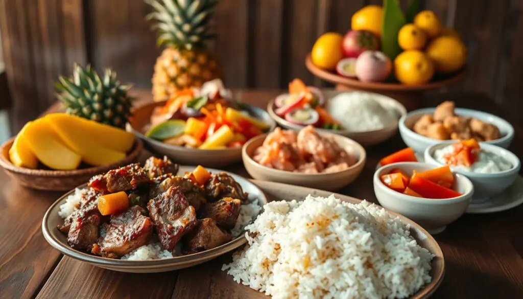 A vibrant still life showcasing an array of traditional Hawaiian dishes, presented on a rustic wooden table. In the foreground, a mouthwatering plate of tender, slow-cooked kalua pork, accompanied by fragrant white rice and a side of lomi-lomi salmon. In the middle ground, a colorful and aromatic display of poke, a fresh raw fish salad, alongside poi, a traditional Hawaiian staple made from taro root. In the background, a platter of tropical fruits like pineapple, mango, and lilikoi (passion fruit), complementing the feast. Warm, natural lighting casts a golden glow over the scene, evoking the sun-drenched ambiance of the Hawaiian islands. The composition is balanced and inviting, capturing the essence of authentic Hawaiian cuisine.