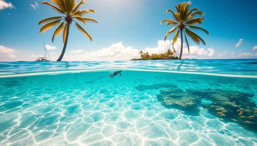 A vibrant, sun-drenched seascape of Hawaii's pristine waters. In the foreground, crystal-clear waves gently lap against a white sandy beach, inviting visitors to dive in and explore the underwater marvels. In the middle ground, a group of snorkelers gracefully glide through the turquoise depths, marveling at the colorful coral reefs and schools of tropical fish. In the background, majestic palm trees sway in the warm Pacific breeze, framing the scene with a lush, tropical ambiance. The image is bathed in a warm, golden glow, capturing the essence of Hawaii's premier water adventures.