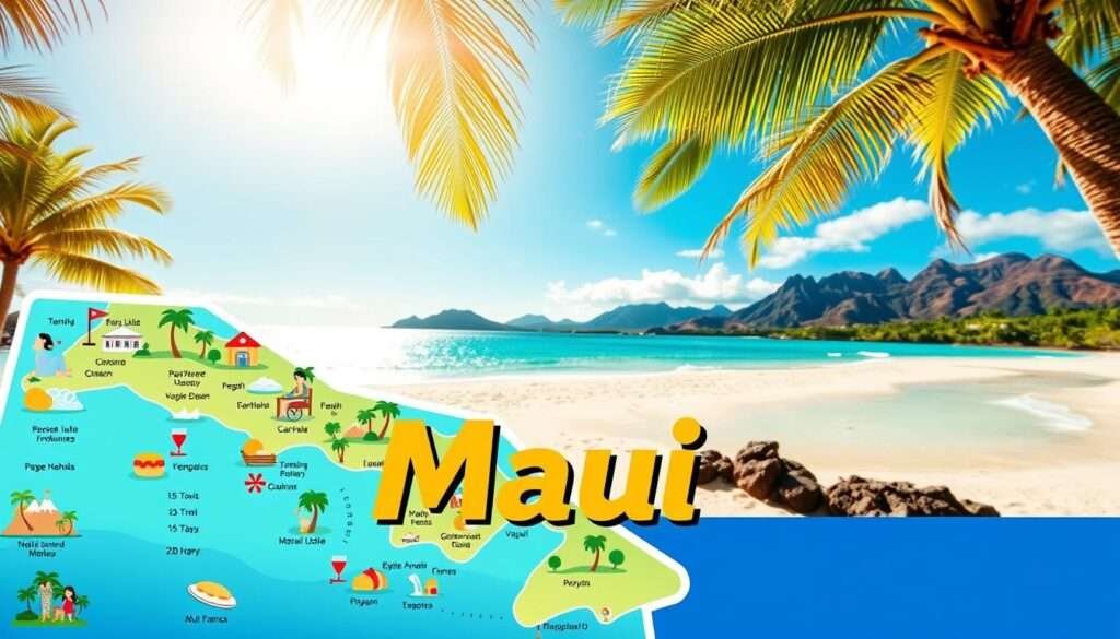 A vibrant travel guide for Maui, showcasing its lush tropical landscapes and sun-drenched beaches. In the foreground, a stylized map highlights the island's key destinations, complemented by picturesque icons of palm trees, waves, and local cuisine. The middle ground features a serene beachscape, with turquoise waters lapping against pristine white sands, framed by swaying palms and volcanic peaks in the distance. Warm, golden sunlight filters through, casting a soft, inviting glow over the scene. The overall mood is one of relaxation, adventure, and the allure of a Maui getaway, captured through a cinematic, wide-angle lens.
