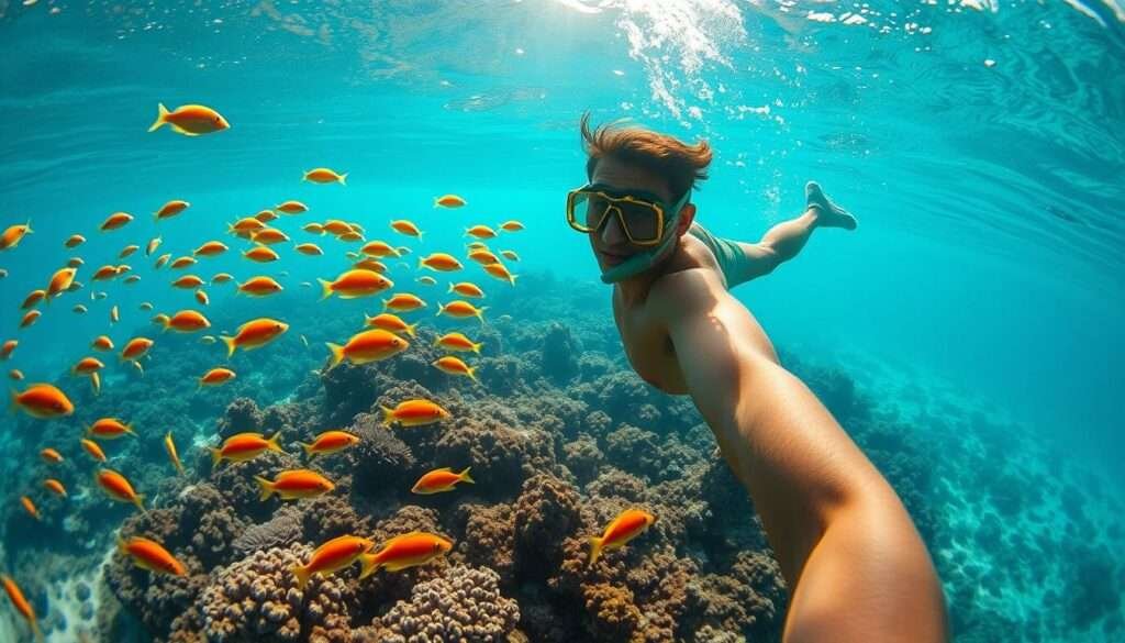 A vibrant underwater scene in Hawaii, captured with a wide-angle lens. In the foreground, a snorkeler gracefully glides through the crystal-clear turquoise waters, surrounded by a kaleidoscope of tropical fish in vibrant hues of orange, blue, and yellow. The middle ground reveals a lush coral reef teeming with life, its intricate structures casting mesmerizing shadows. In the background, the sunlight filters through the water, creating a serene, ethereal atmosphere. The snorkeler's silhouette is framed by the captivating beauty of the Hawaiian marine ecosystem, inviting the viewer to dive in and experience the wonders of this tropical paradise.