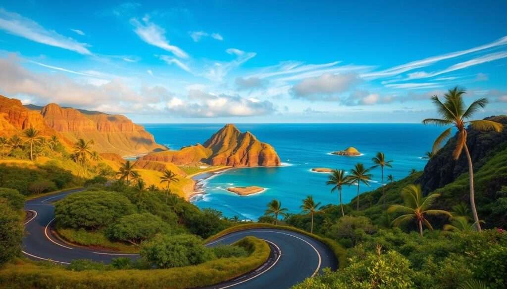 A winding coastal road weaves through lush, verdant landscapes on the Kapoho Kalapana scenic drive. In the foreground, the smooth asphalt ribbon curves gracefully, flanked by vibrant tropical foliage and towering palms. In the middle ground, rugged volcanic cliffs rise dramatically, their weathered faces cast in warm, golden light. The background opens up to reveal the shimmering turquoise expanse of the Pacific Ocean, dotted with small, idyllic islands. Overhead, wispy clouds drift across a bright, azure sky, casting fleeting shadows over the serene, enchanting scene. The overall atmosphere evokes a sense of tranquility, wonder, and the timeless beauty of Hawaii's natural splendor.