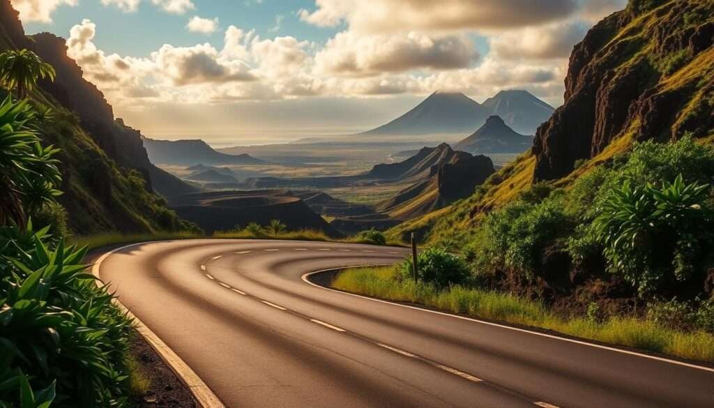A winding road, its smooth asphalt carving through a dramatic landscape of volcanic craters, lush foliage, and towering cliffs. The midday sun casts warm, golden light, casting long shadows across the scene. In the foreground, the road curves gracefully, inviting the viewer to explore this scenic Hawaiian drive. Lush, verdant vegetation frames the path, hinting at the lush tropical paradise beyond. In the distance, a vista of volcanic peaks and ancient lava flows dominate the horizon, creating a sense of awe and wonder. The overall atmosphere is one of serene tranquility, a peaceful escape from the hustle and bustle of everyday life.