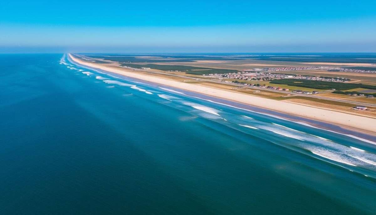 Aerial view of the Outer Banks coastline with beach houses and the Atlantic Ocean