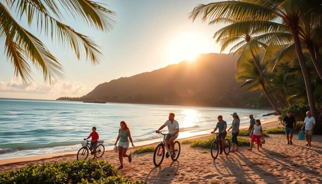 An expansive beach scene with swaying palm trees, crystalline turquoise waters, and a lush tropical backdrop. In the foreground, a group of people engage in eco-friendly activities - a family tending to a beachside garden, a couple riding bicycles, and a group participating in a beach cleanup. The lighting is warm and golden, with the sun dipping low on the horizon, casting a soft, natural glow. The composition captures a sense of harmony between people and the natural environment, showcasing the sustainable practices that define eco-friendly living in Hawaii. An expansive beach scene with swaying palm trees, crystalline turquoise waters, and a lush tropical backdrop. In the foreground, a group of people engage in eco-friendly activities - a family tending to a beachside garden, a couple riding bicycles, and a group participating in a beach cleanup. The lighting is warm and golden, with the sun dipping low on the horizon, casting a soft, natural glow. The composition captures a sense of harmony between people and the natural environment, showcasing the sustainable practices that define eco-friendly living in Hawaii.