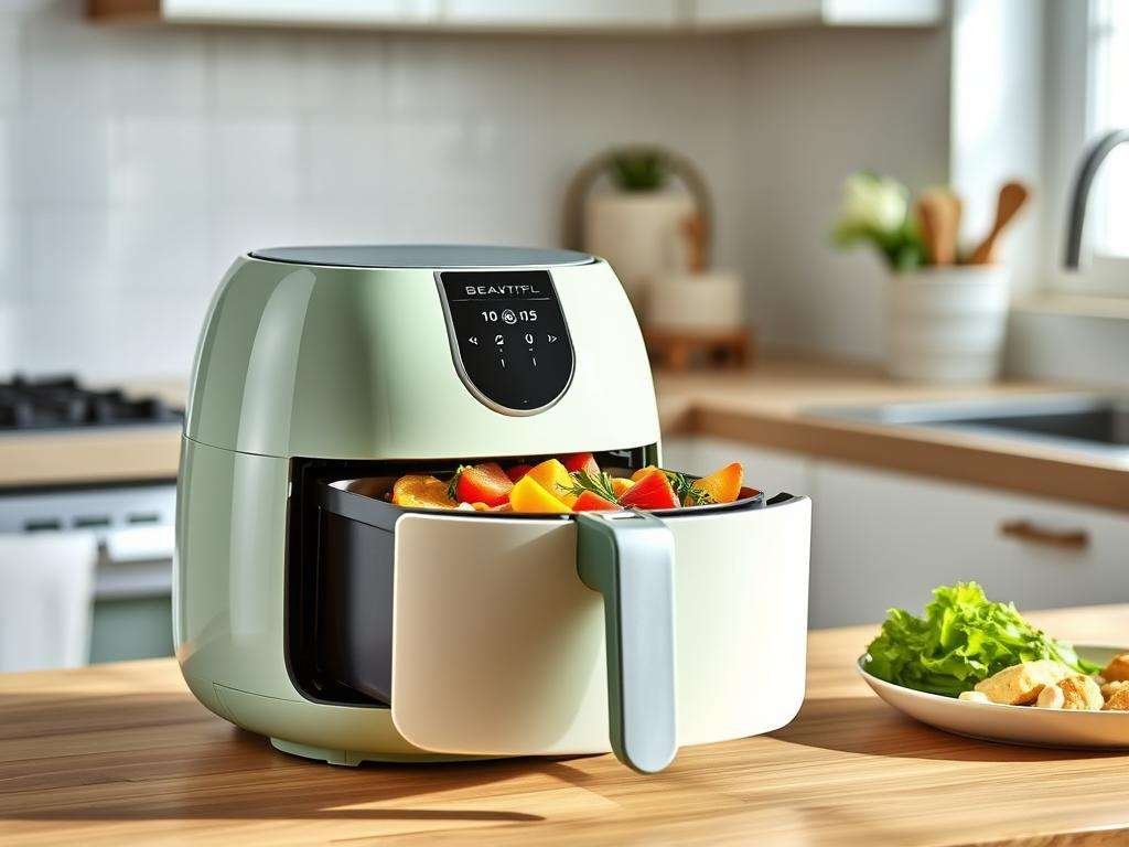 Beautiful 6qt Digital Air Fryer with colorful summer food being cooked Beautiful 6qt Digital Air Fryer with colorful summer food being cooked