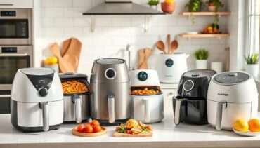 Collection of the best budget and cheap air fryers summer 2025 arranged on a kitchen counter