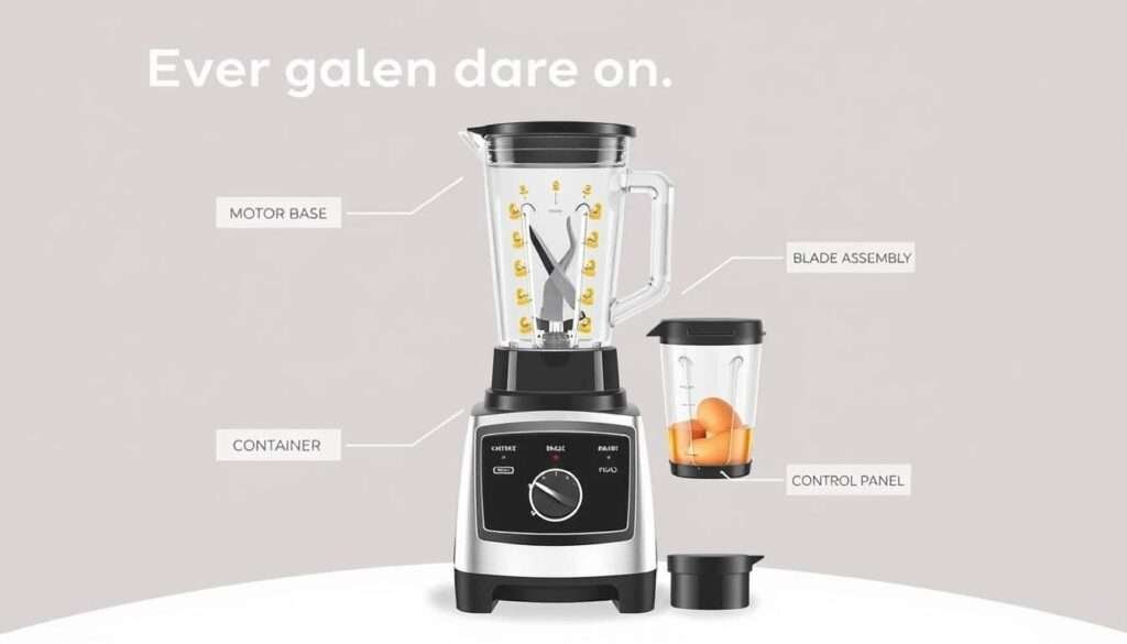Components of a blender for smoothies showing motor base, blades, and container Components of a blender for smoothies showing motor base, blades, and container