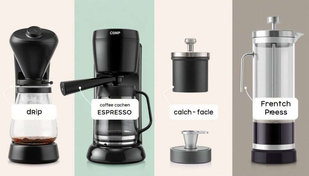 Different types of coffee makers side by side showing their key features Different types of coffee makers side by side showing their key features