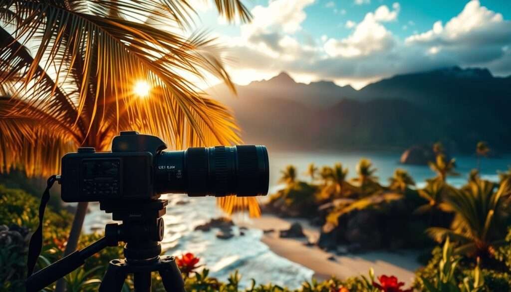 Dramatic tropical landscape with vibrant colors and lush foliage. In the foreground, a professional-grade camera with a long telephoto lens rests on a sturdy tripod, poised to capture the scene. Warm, golden sunlight filters through the swaying palm fronds, casting a magical glow over the entire composition. In the middle ground, a stunning Hawaiian beach stretches out, with crashing waves and a picturesque rocky outcrop in the distance. The background is dominated by towering, verdant mountains, their peaks shrouded in wispy clouds. The overall mood is one of serene, effortless beauty, inviting the viewer to step into the frame and immortalize this captivating moment.